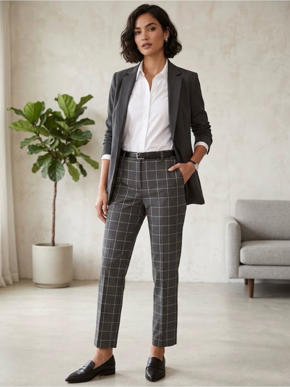 Hudson North Gray Windowpane Pull on Ankle Trousers
